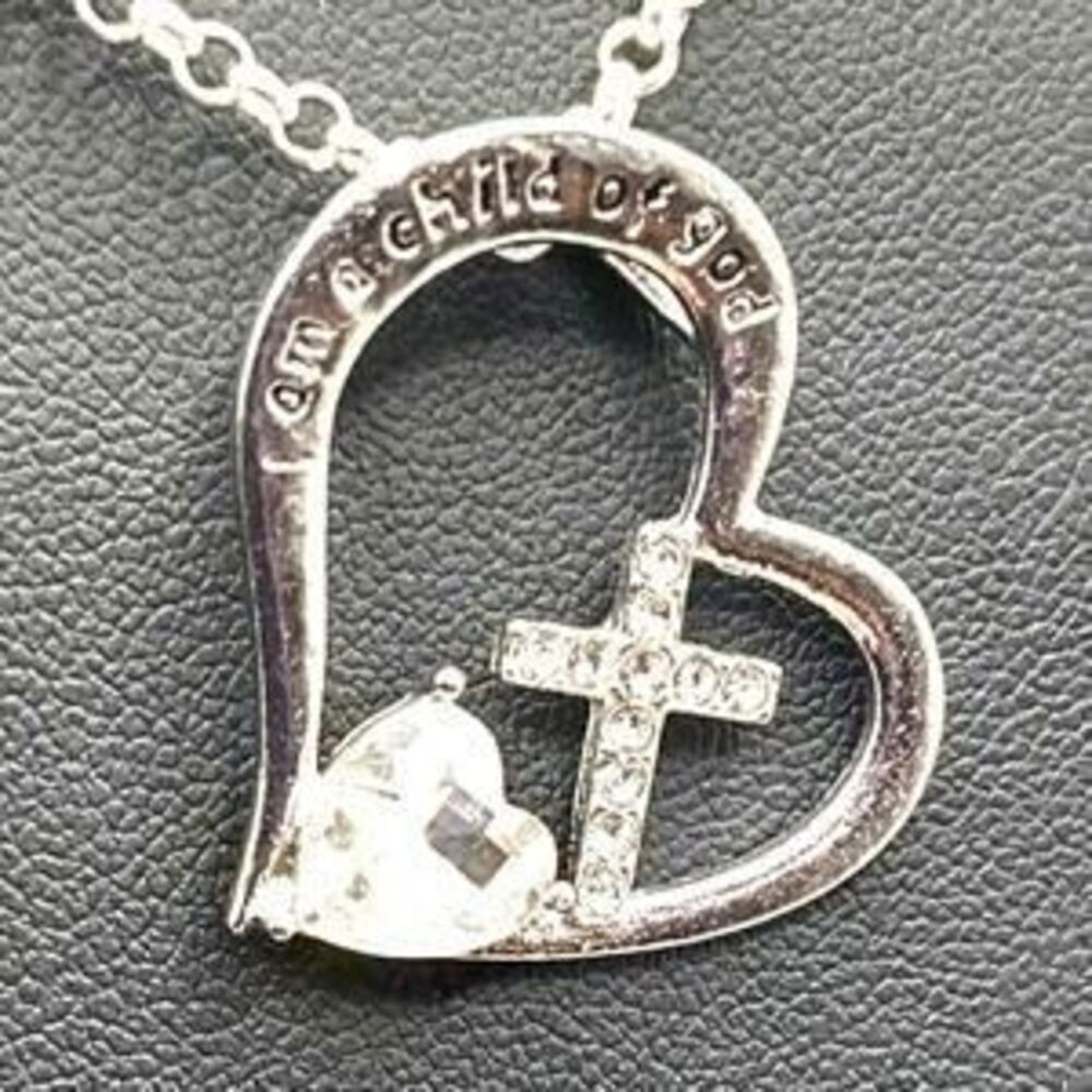 925 Silver Necklace w/ Zircon Heart Cross Pendant Christian Birthday Gift -NEW!